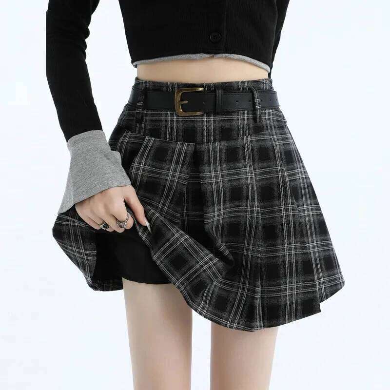 Preppy Plaid Mini Women High Waist A Line Belt Pleated Student Skirts Autumn Harajuku Sweet Casual Vintage Female Skirt XJ260131