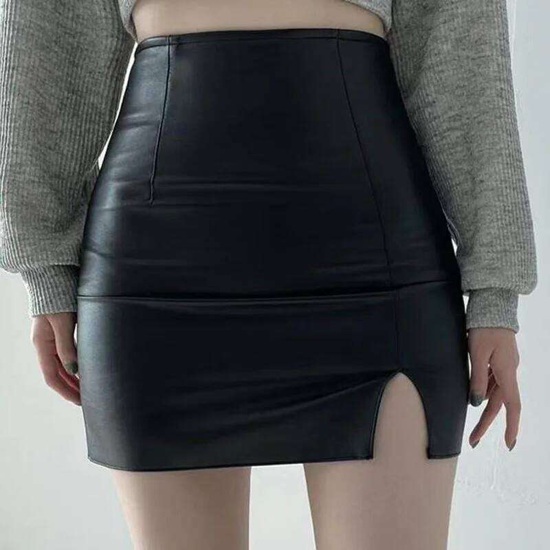 Xpqbb Balck PU Leather Mini Women Sexy Skinny High Waist Side Split Hip Skirts Autumn New Korean Office Lady Short Skirt XJ260131