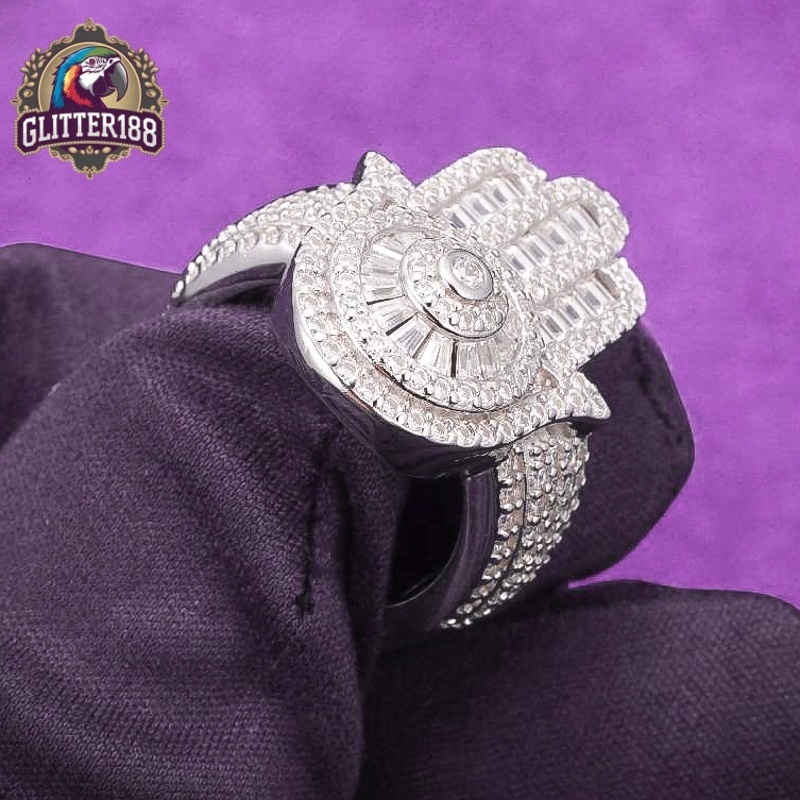 Pass Diamond Tester Hip Hop Bling D Color Moissanite Iced Out Mens Baguette Hamsa Hand Ring With 925 Sterling Silver GRA