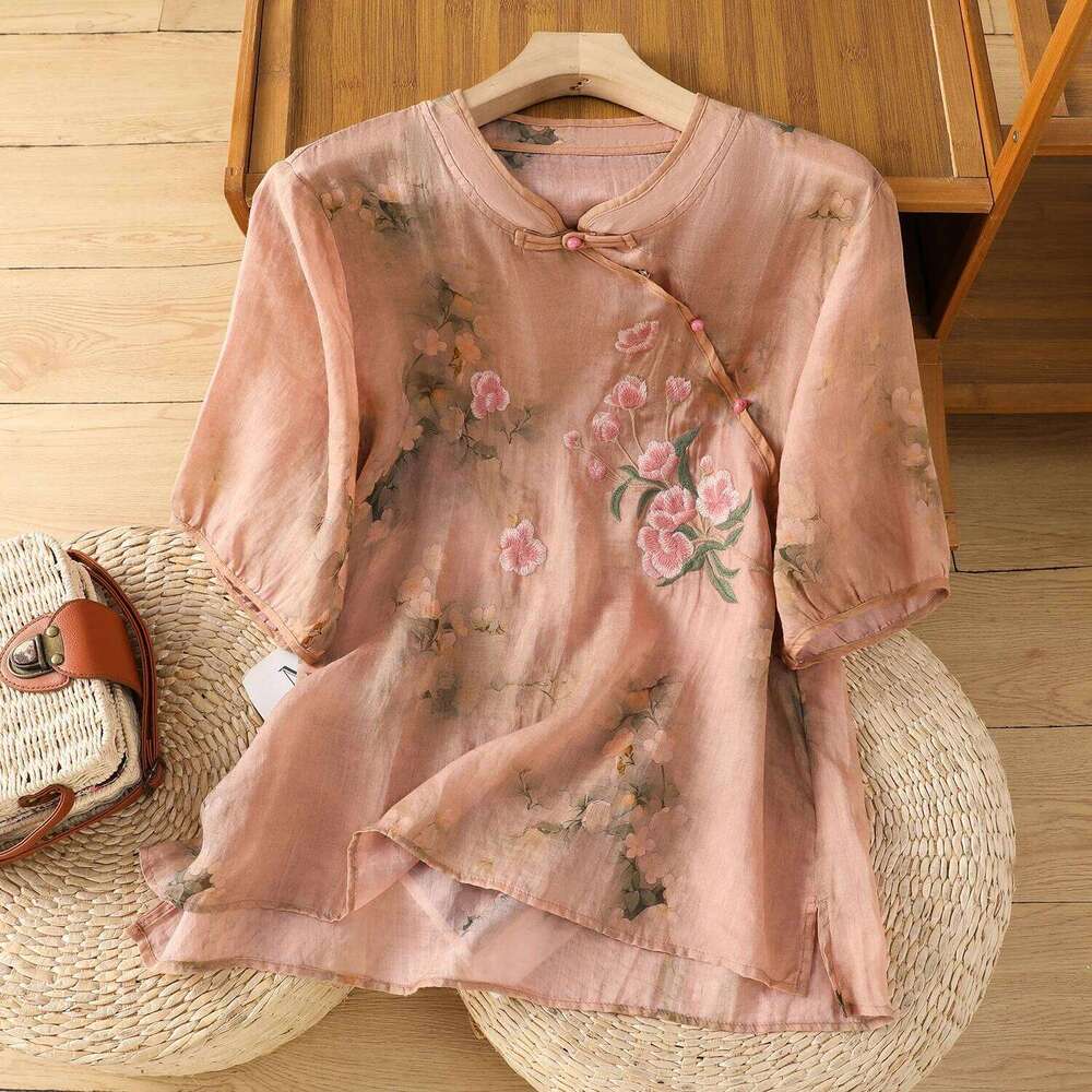 Summer Female Clothes Chinese Style Half Sleeve Women's Blouses Fashion Embroideried Cheongsam Shirt Lady Floral Top Loose