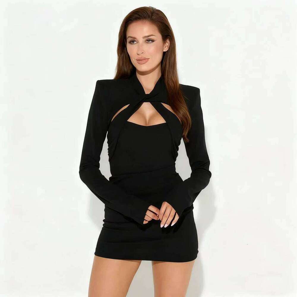 Spring Autumn European and American New Clothing Solid Color Casual Twist Shoulder Pad Hollow Waist-Cinching Hip-Hugging Short Skirt Y2K Style Women&#