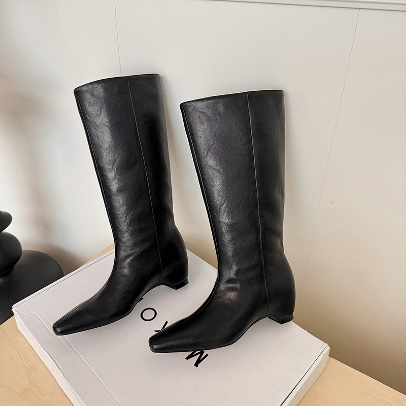 Pointed square-toe knee boots with wrapped heels, Straight-leg wide-calf women's riding boots, minimalist, fashion luxury, high-quality genuine l
