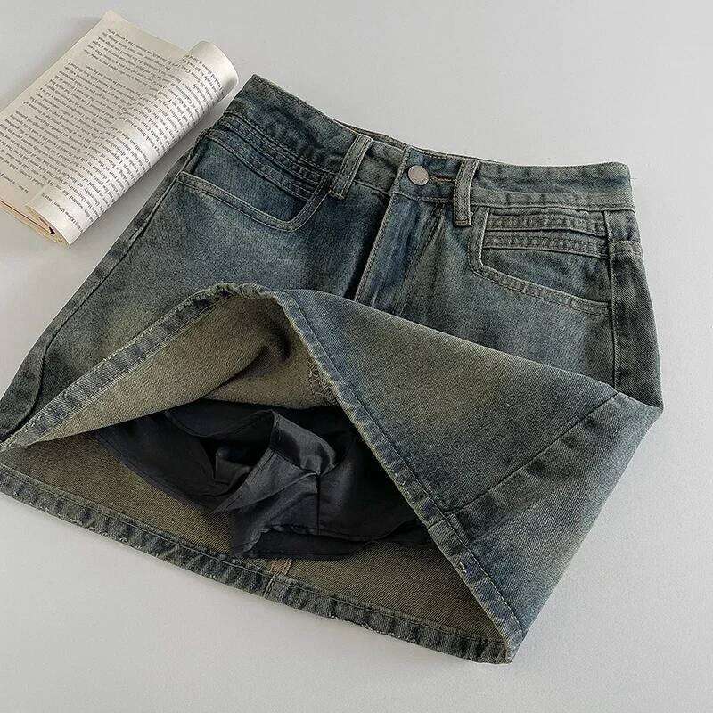 Retro Dark Denim Skirt 2025 A Word Spring Women High Belt Anti-exposure Short Dress New XJ260131