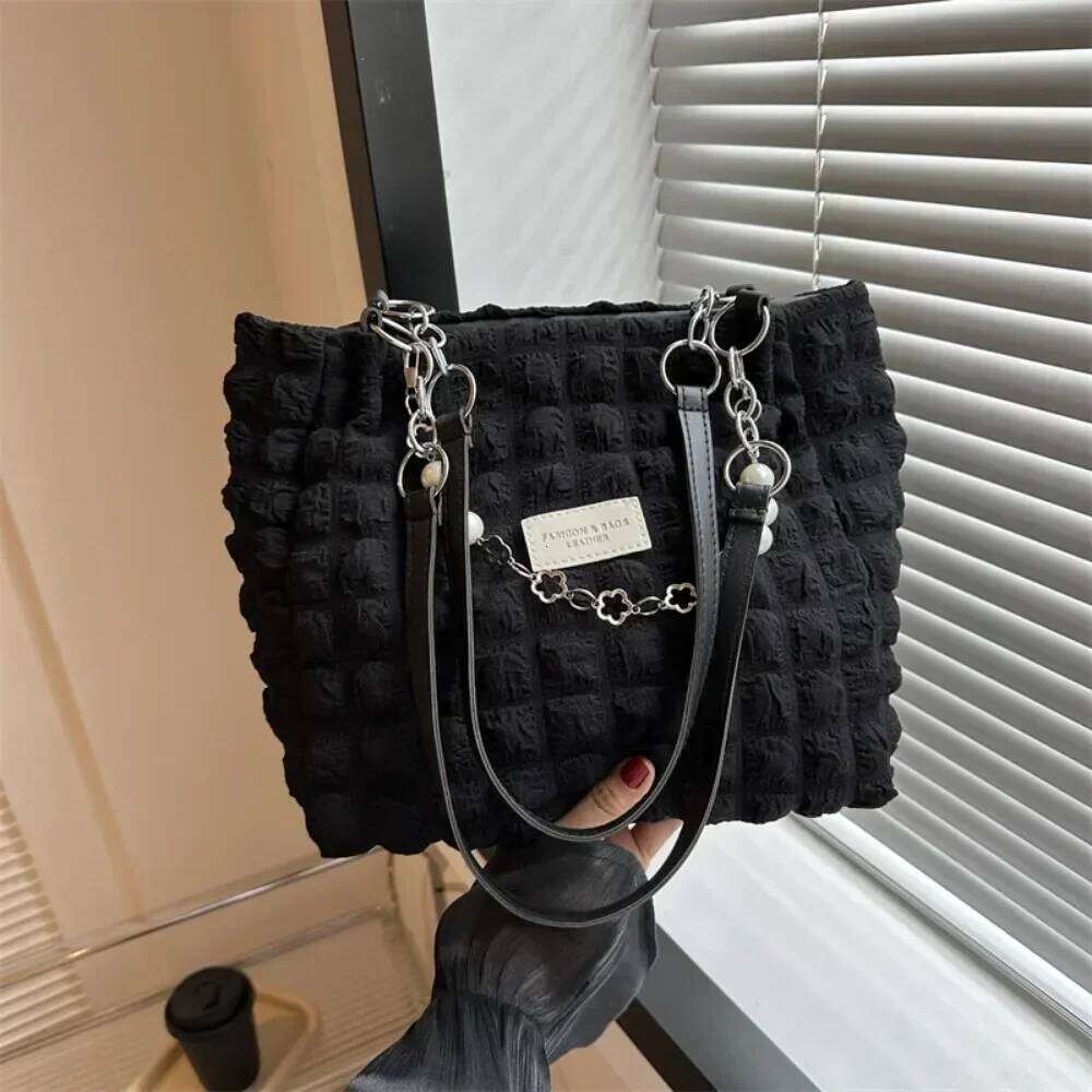 Fashion Plaid Women's Beaded Chain Shoulder Bags Soft Fabric Commuter Female Handbags Purse 2025 Large Capacity Ladies Tote Bag