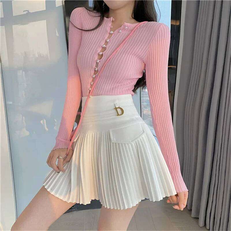 White Pleated Waist Skater Female Korean A-Line High Fashion Casual Short Skirt Women Bottoms XJ260131