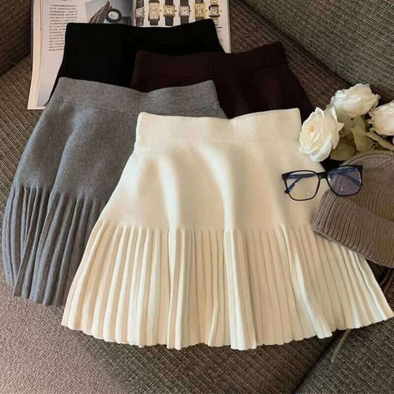 Pleated Mini Korean Knitted Skirts Sweet Elastic Waist Ladies Casual Youthful For Women's Clothes Solid Fashion New XJ260131