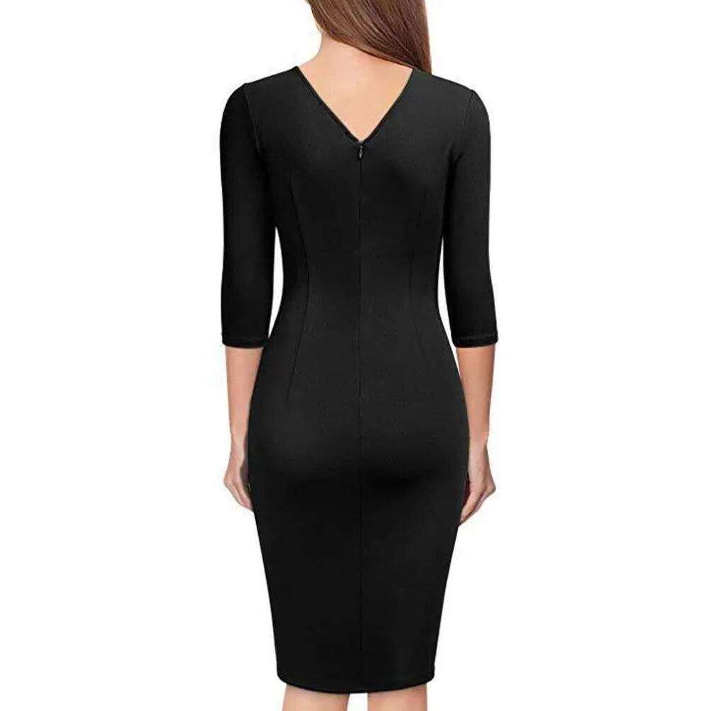 Elegant Fall Bodycon Short Dress Women Long Sleeve V Neck Slim Fit Work Robe Female OL Lady Solid Everyday Dresses XJ260131