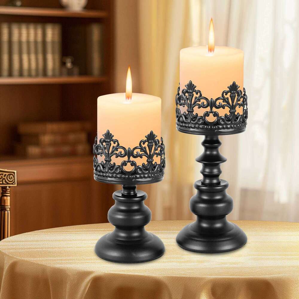 2pcs Distressed Black Holders for Pillar Candles, Vintage Crown Stands Decor, Tall Antique Metal Candle Holder Set Y260131
