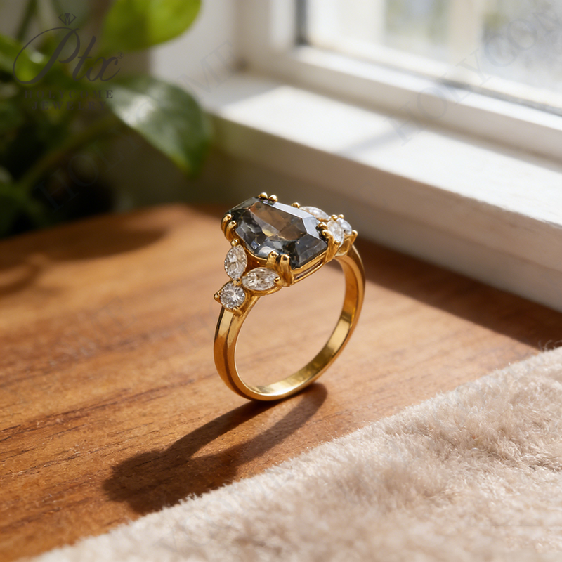 Customize Ring Salt and Pepper Moissanite Diamond Kite Pear Coffin Hexagon Half Moon Cut 925 Silver Wedding Vintage Jewelry