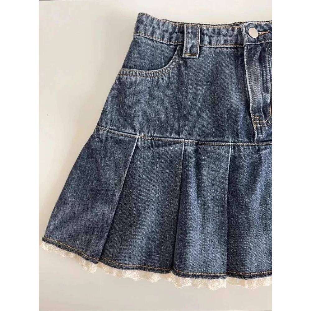 Women Blue A-line Denim Vintage Aesthetic Y2k Patchwork Lace Jean Skirt Harajuku Korean Cowboy Skirts 2000s Clothes Summer XJ260131
