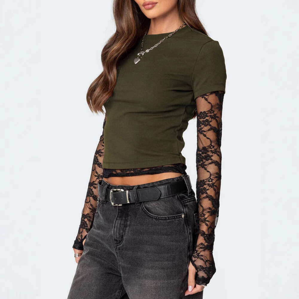 European and American Foreign Trade Women's Y2K New Lace Patchwork Fake Two-Piece Long Sleeve Round Neck T-Shirt
