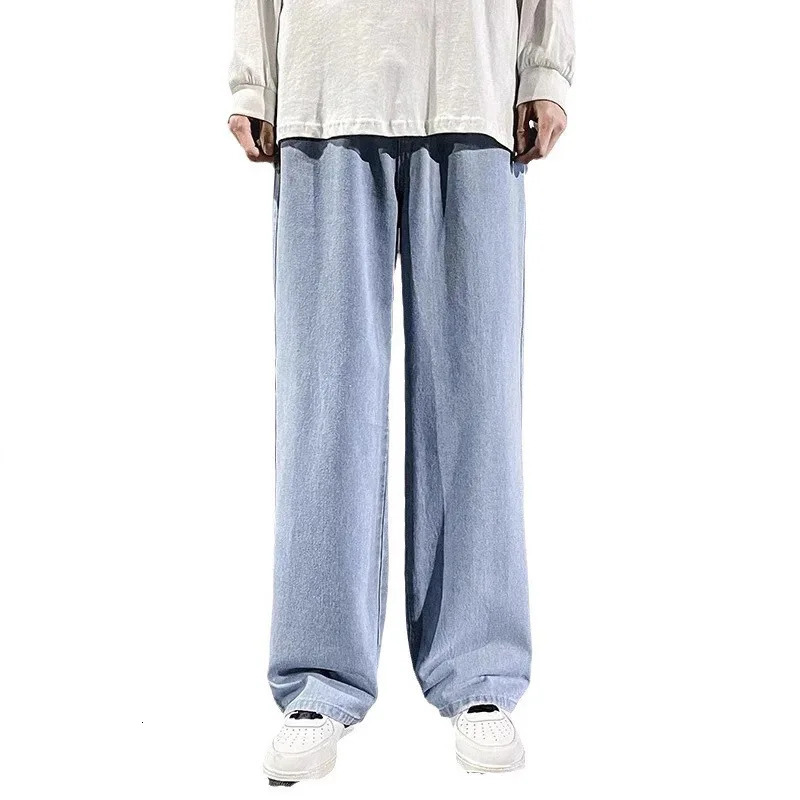 Streetwear Loose Jeans Men Korean Style Fashion Loose Straight Wide Leg Pants Mens Clothing Black Light Blue 260122