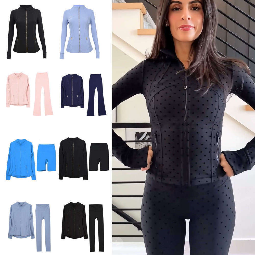 premium Gym luluity lemonal Jacket Women Yoga polka dot Jackets Set Coat Fitness leggings Pants Long Sleeves Solid Color Black Zipper Gym luluity lemonal sets men