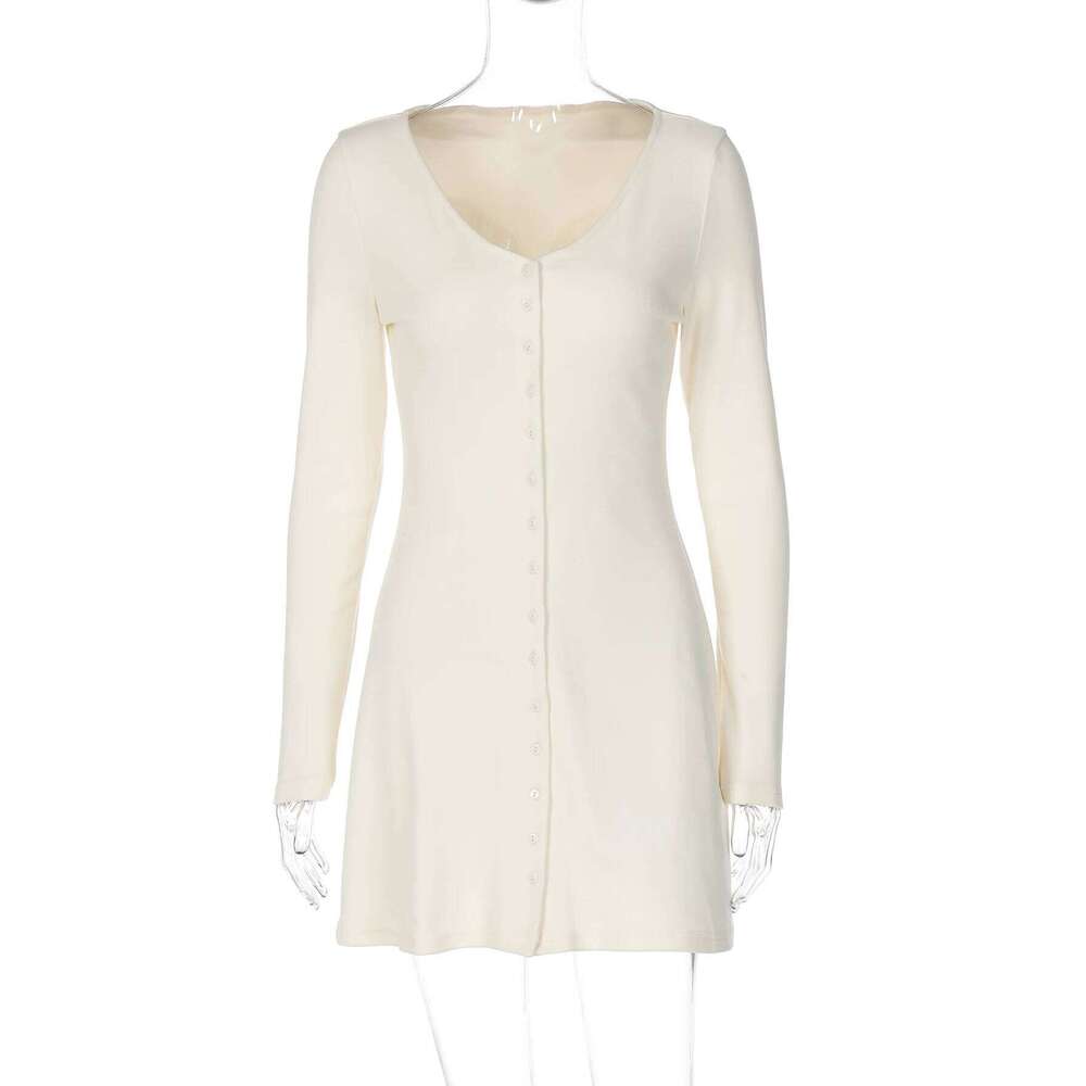 Dulzura 2025 Autumn Fashion Sexy V-Neck Long Sleeve Single Breasted Slim Mini Solid Casual Women Dress Party Club Clothes XJ260131