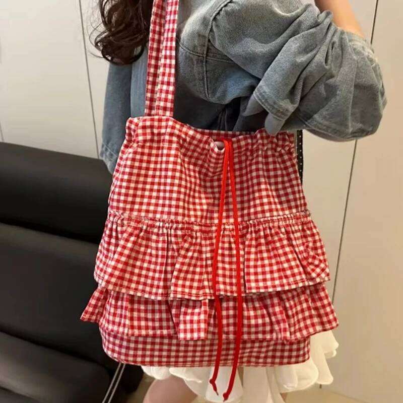 Large Capaci Cute Plaid Cotton Tote Bag Lace Trim Women's Summer 2025 Simple Lady Handbag Soft Shoulder Bags Bolsa Feminina