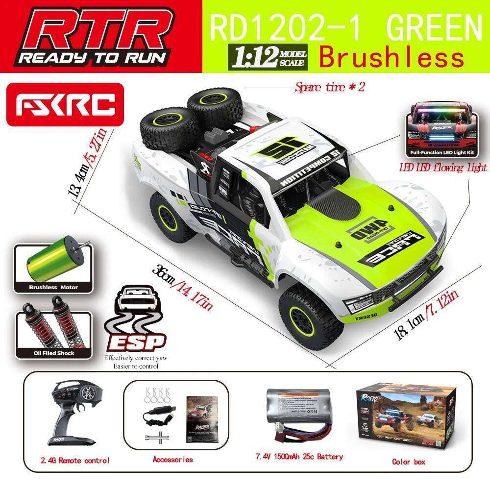 HB-RD1201 1:12 Remote Control Car Rc Short Card With Led Lights For Boys Kids High-Speed Vehicle 55km/H Brushed Or Brushless 4wd Y260131