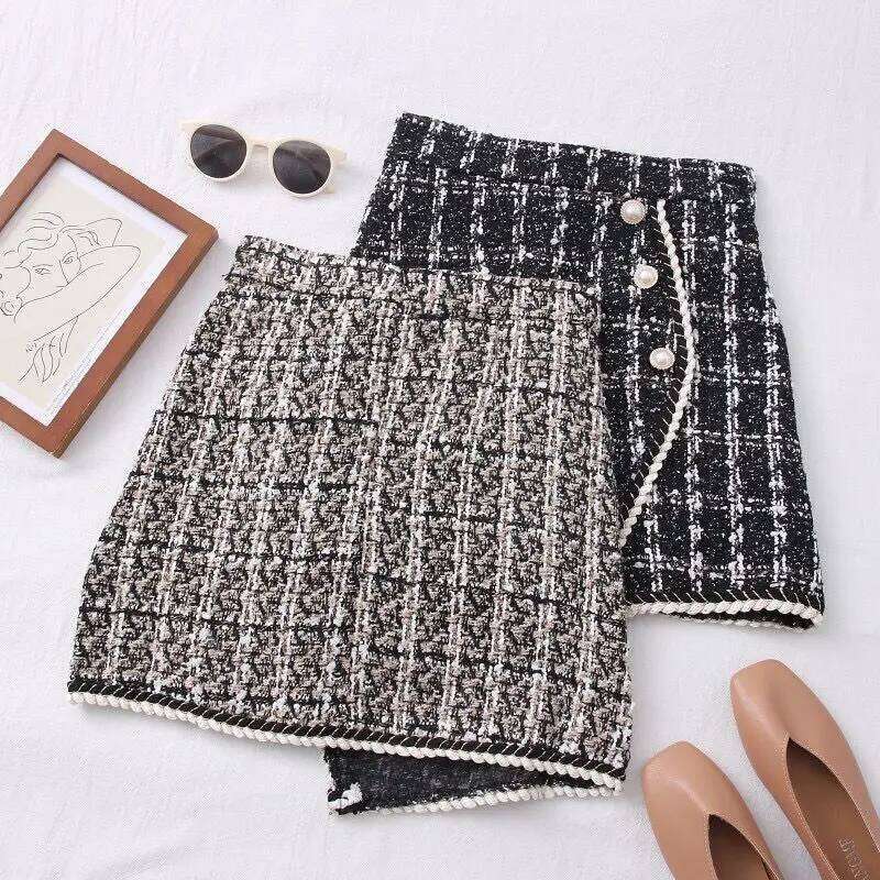 for Women Solid High Waist Slimming Skirts Autumn Spring 2021 Buttons Double Breasted Tweed Wool Mini Skirt XJ260131