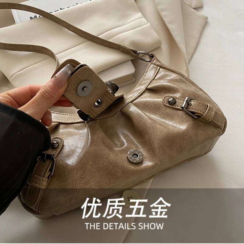 Casual Y2k Style Underarm Bags for Women Trendy Belt Rivet Design Cool Hot Girls Shoulder Bag Solid Color Ladies Handbags Purse XJ260130