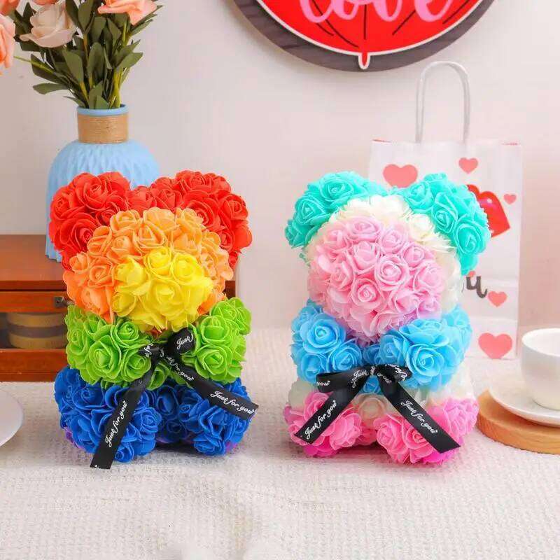 Cute Rose In Bear Shape 22cm Handmade Fully Assembled Christmas Flower for Mom Mother Wife Birthday parties Gifts Y260131