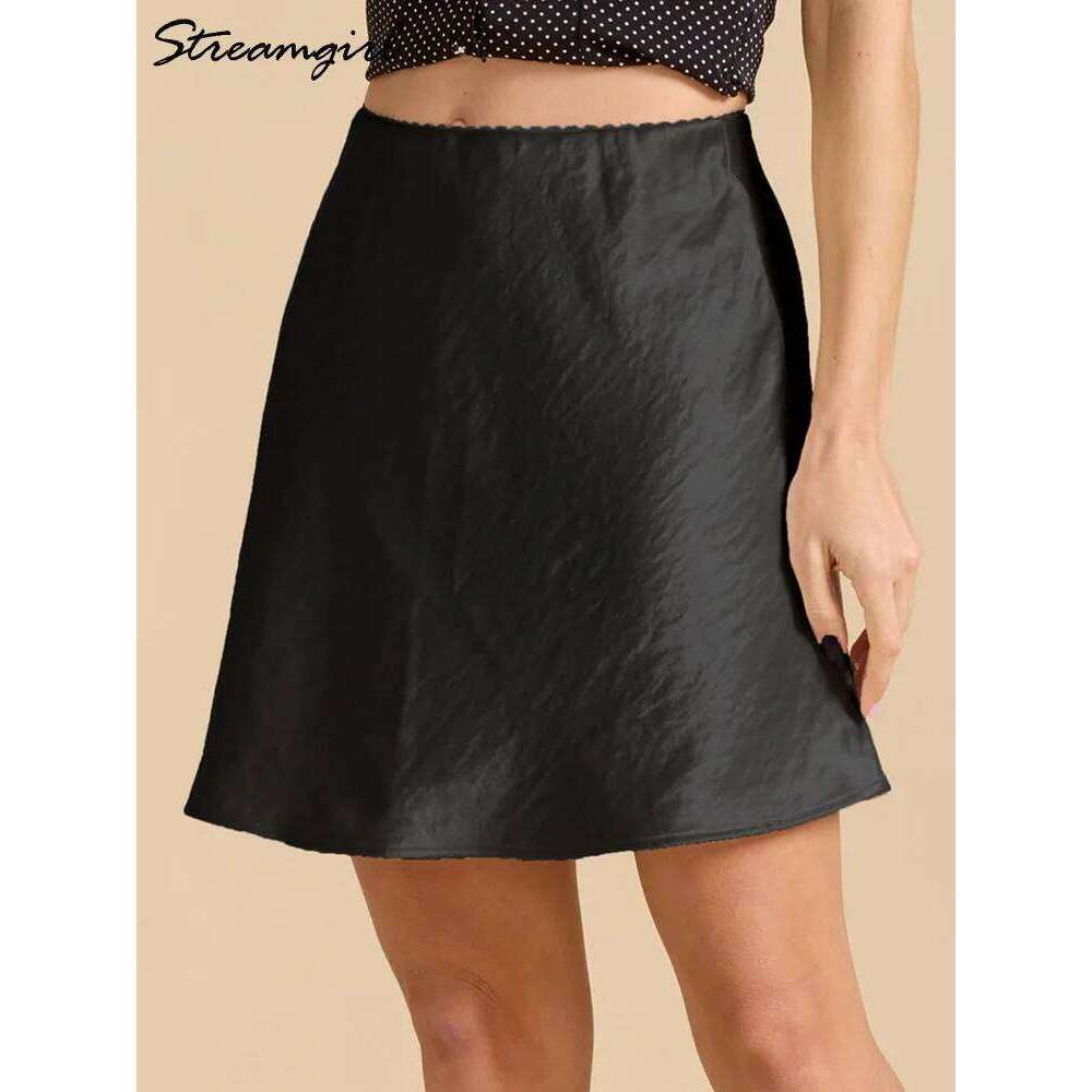 Summer Short For Women Office Wear Black A Line Luxury Mini Satin Skirt Ladies High Waist Simple Women's Skirts Silk XJ260131