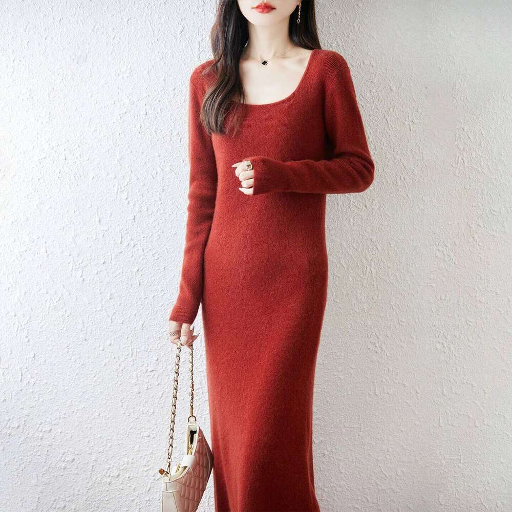 New100% Merino Wool Pullover for Women U-Neck Knitted Long Dress Autumn Winter Cashmere Skin Friendly Clothing Warm Casual Top XJ260131