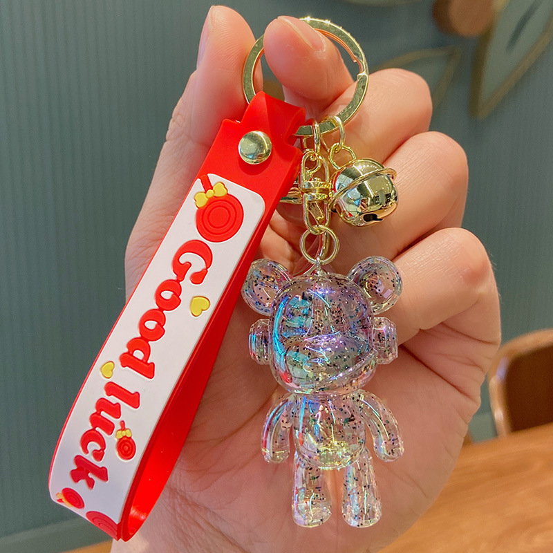 Transparent Glitter Bear Keychain Cute Acrylic Pendant With Bell Fashion Bag Charm Car Keyring Good Luck Gift For Women