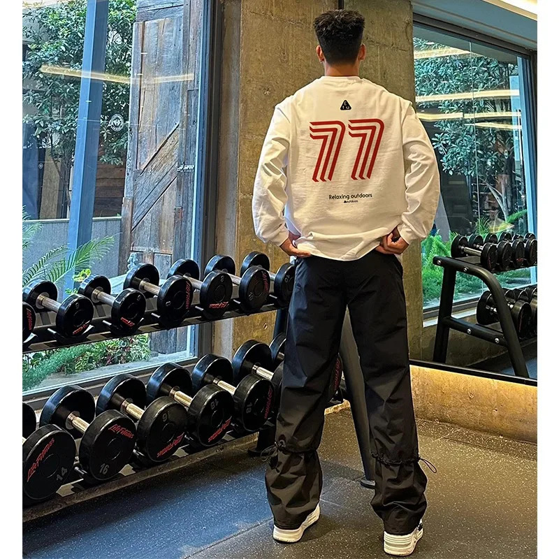 Street Hip Hop Number 7 Print T-shirt Men Autumn 100 Cotton Oversize Sports Gym Long sleeves Tee Y2k Top Men clothing 260118
