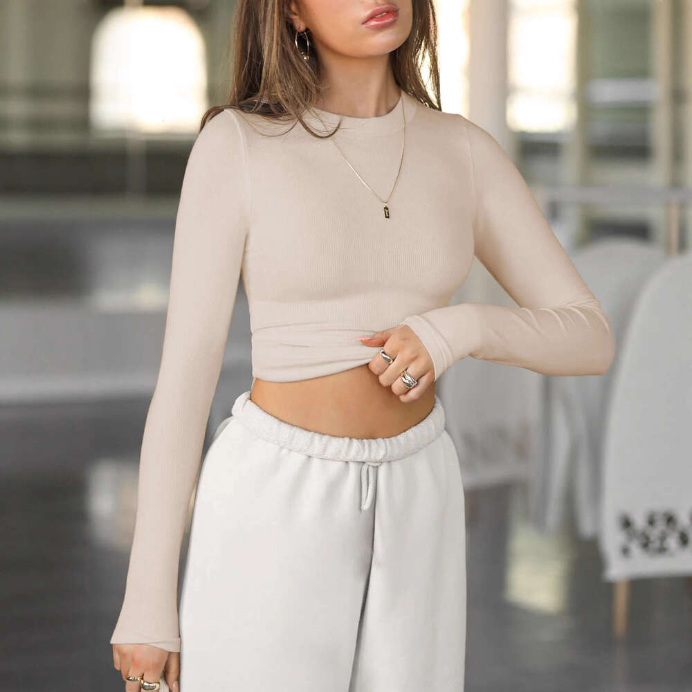 2025 New Y2K Clothing Ribbed Crew Neck Long Sleeve T-Shirt for Women Base Layer Outerwear Slim Fit Off-Shoulder Hot Girl Top Pure Desire