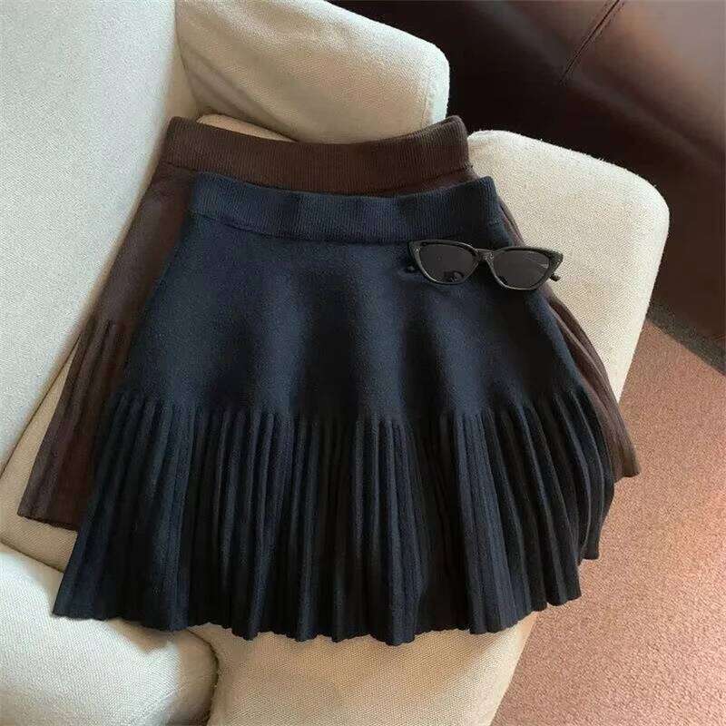 Pleated Mini Korean Knitted Skirts Sweet Elastic Waist Ladies Casual Youthful For Women's Clothes Solid Fashion New XJ260131