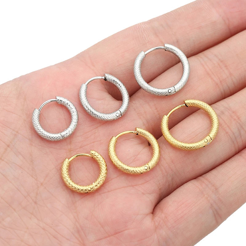 6pcs 10/12/14mm Stainless Steel Gold Color Round Ear Rings Grid Texture Hoop Earrings for Female Jewelry Accessories 260126