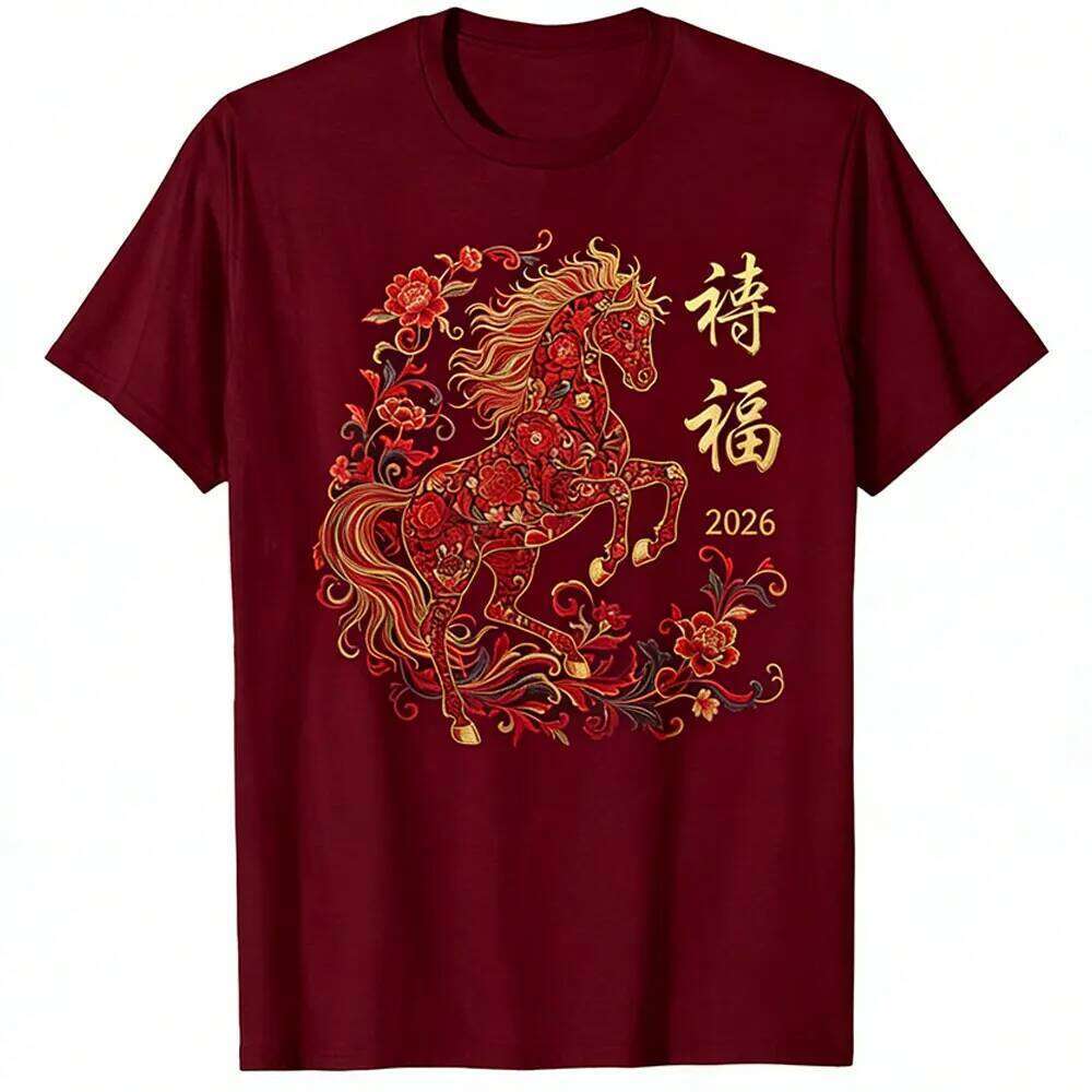 of The Horse 2026 Zodiac Men's Chinese Cotton T-Shirt New Year Party Gift Shirt Tops Winter Casual Men Clothing C260131