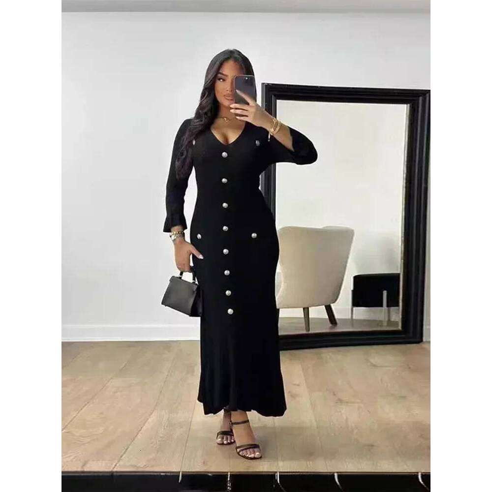 Elegant Solid Knitted Dresses For Women Fashion V-neck Long Sleeve Single-breasted Dress Female New Office Lady Street Robe XJ260131