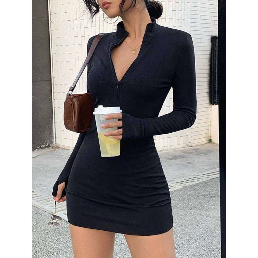 Spring Chic Women Simple Elegant Black Party Dresses New Fashion Long Sleeve Sexy Bodycon Slim High Waist Mini Dress XJ260131