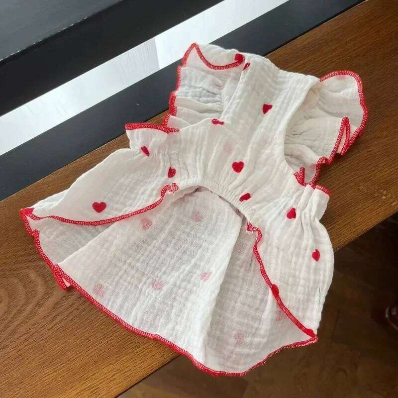 Summer Clothes Heart Print Bow Chi Summhuahua Puppy Sweet Skirt Cotton Dress for Girl Dog Cat Princess Pet Costume H260130