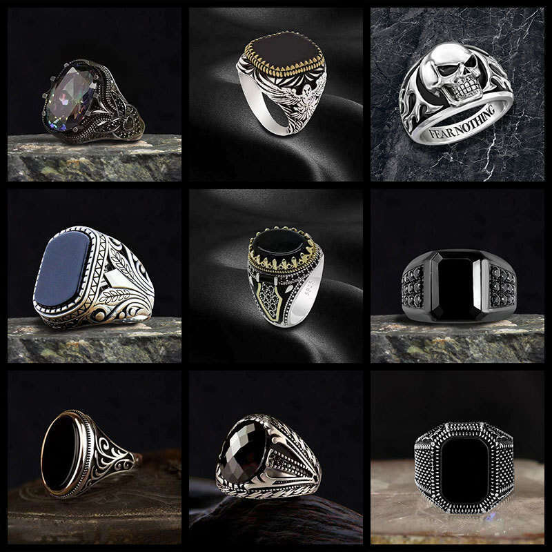 Totem Pattern Zircon for Men Punk Dark Trendy Cool European and American Style Ring Popular Retro Jewelry