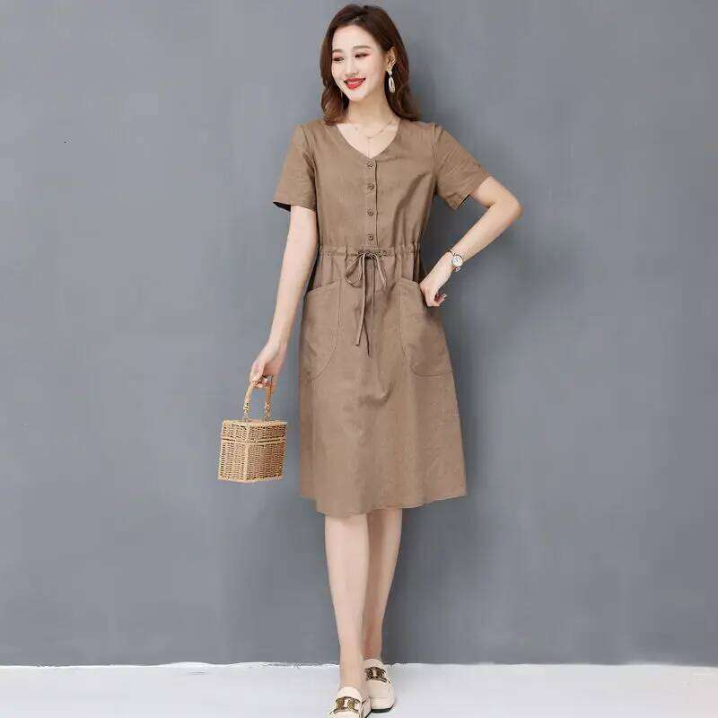 Women's Clothing Korean Elegant Loose Simplicity Intellectual Fashion Round Neck Casual Short Sleeve Pockets Drawstring Dresses XJ260131