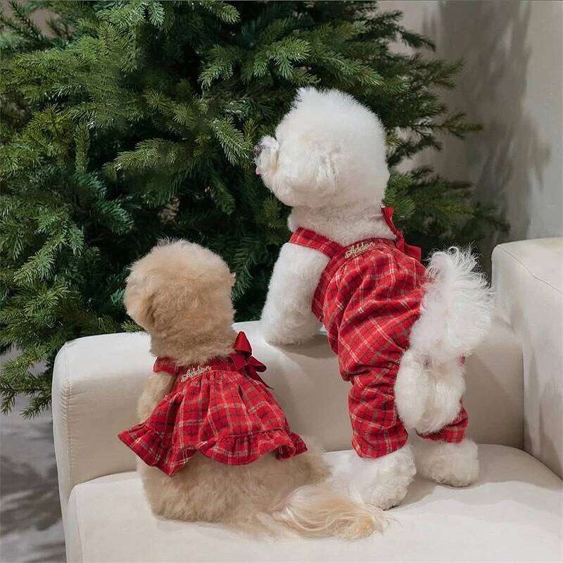 Pet Christmas Clothes Winter Puppy Dresses Embroidered Strap Checkered Bow Skirt Birthday New Year Small Medium Dog Coat H260130