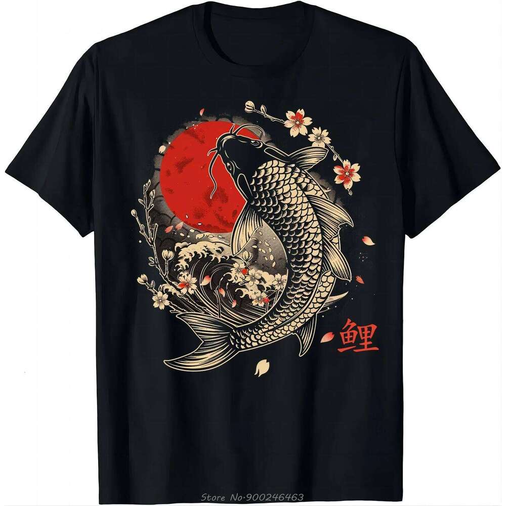 Koi Carp Cherry Blossom Print Graphic Men Women Short Sleeve T Shirt Tops C260131