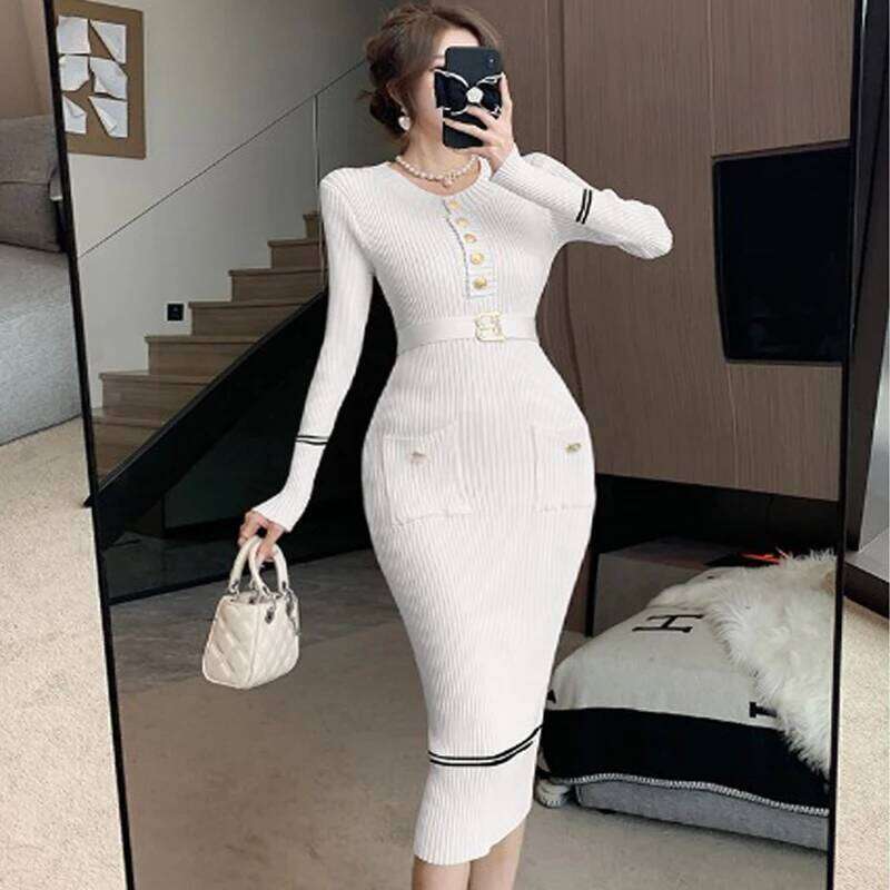 YuooMuoo Brand Fashion Knitted Long 2024 New Elegant O-neck Buttons Lace-up Pockets Bodycon Dress Lady Sweater Vestidos XJ260131