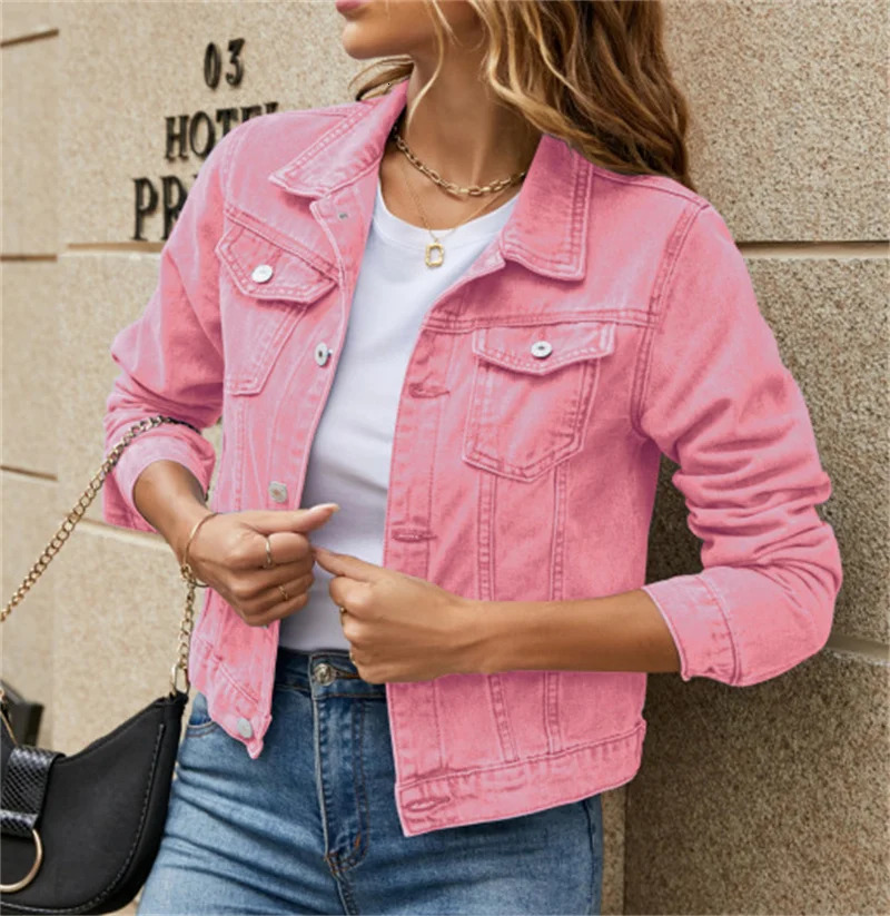 Women Short Denim Jackets Fashion Female Casual Long Sleeve Lapel Solid Button Pocket Slim Jean Jacket Fall Winter Coat 260120