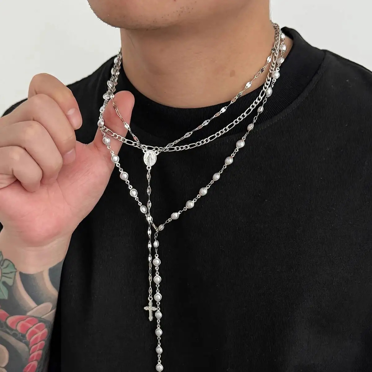 Salircon 3PcsSet Boho Jesus Cross Pendant Necklace Women Trendy Exquisite Pearl Beaded Chain Y2K Charm Jewelry Gift 260128