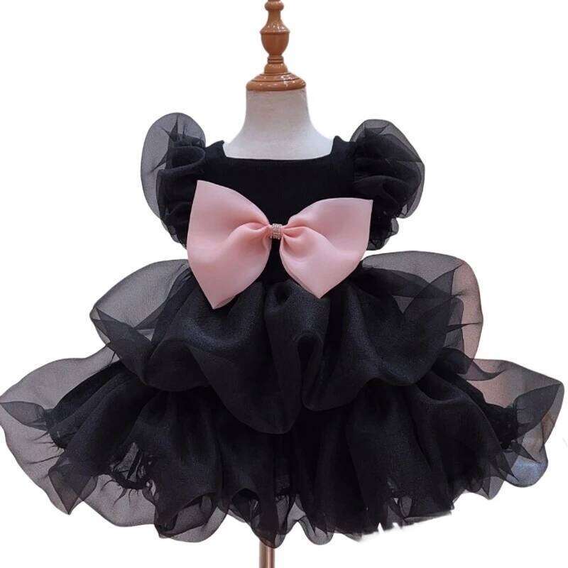 Cat Dog Summer Pink Bow Bubble Skirt Black Puff Sleeve Princess Dress Small and Medium-sized Pet Clothing H260129