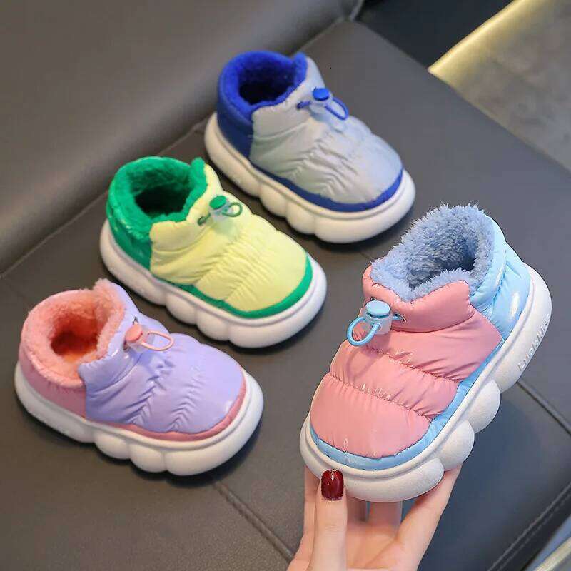 Children Winter Cotton Slippers Boy Drawstring Heel Down Cloth Waterproof Warm Fleece Girl Color Blocking Kid Casual Shoes Y260128