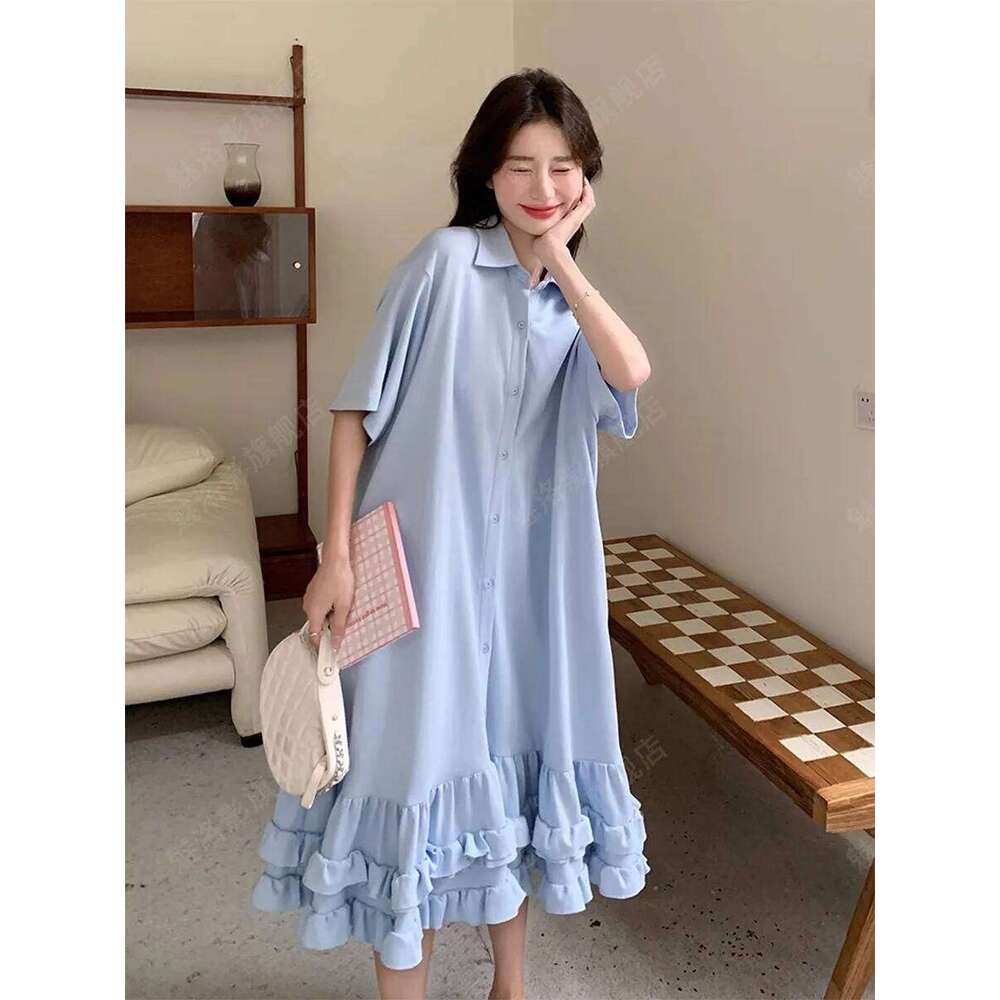 Women Plus Size Casual Summer Spring Short Sleeve Loose Solid Midi DrssNeck Pleated Korean Female Clothing XJ260131