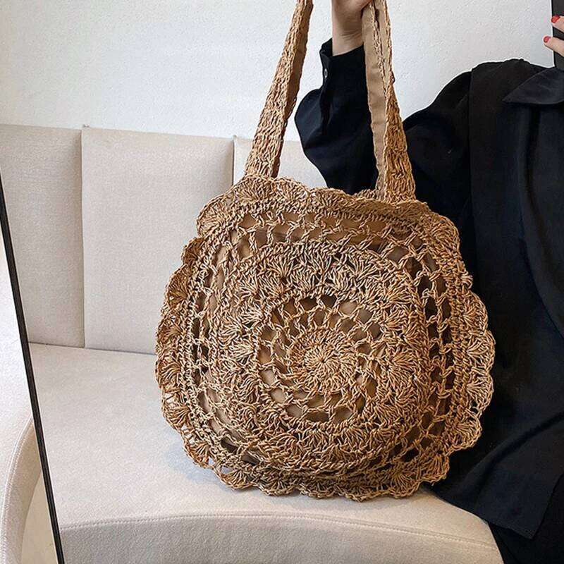 Bohemian Straw for Women Circle Beach Handbags Summer Rattan Shoulder Bags Handmade Knitted Travel Big Totes Bag New XJ260130