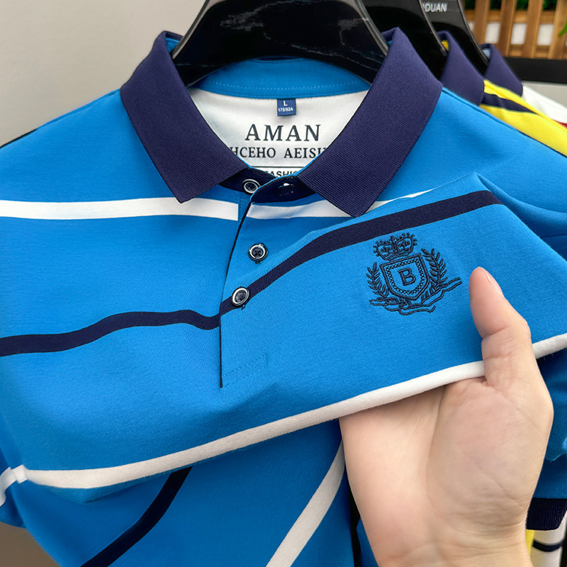 2026 Summer New Classic Striped Men's Short Sleeve Collar Business Versatile Polo Shirt White Blue Yellow