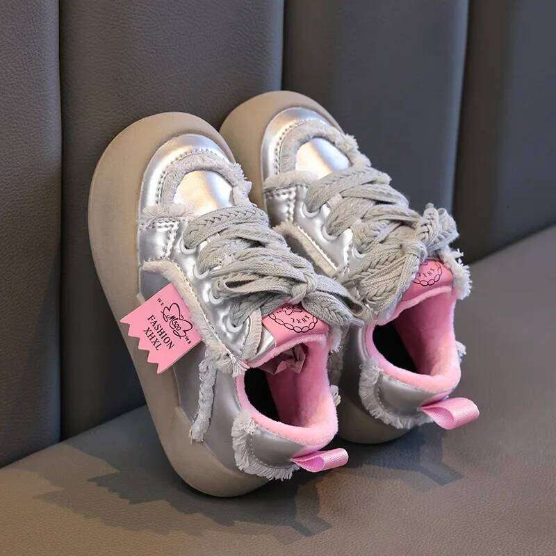Girls Autumn Winter Fashion PU Leather Warm Cotton Lace Up Soft Sole Kids Sneakers Versatile Non-slip Skate Shoes Y260128