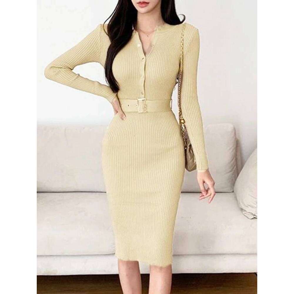 New Spring Autumn Knit Elegant Sexy Single Breasted Stand Collar Long Sleeve Bodycon Dress Solid Color Stretch Tight Slim Dresss XJ260131