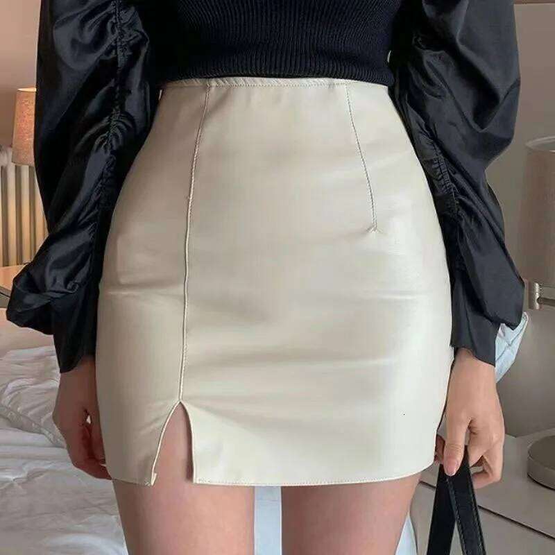 Xpqbb Balck PU Leather Mini Women Sexy Skinny High Waist Side Split Hip Skirts Autumn New Korean Office Lady Short Skirt XJ260131