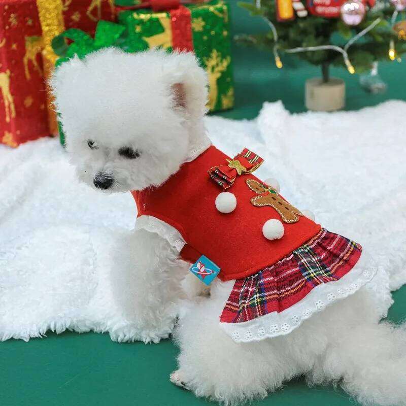 1PC Pet Christmas Style Dog Cat Clothes Gingerbread Man Red New Year Autumn Thickened Warm Sleeveless Dress H260129